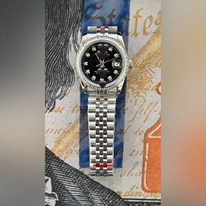 36mm Luxury Style Automatic Stainless Steel Watch Black Dial Diamonds Bezel